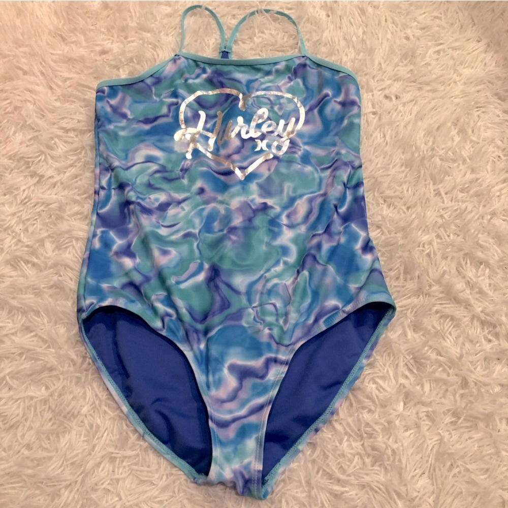 Hurley one piece girls water color swimsuit size 14-16 Aurora green